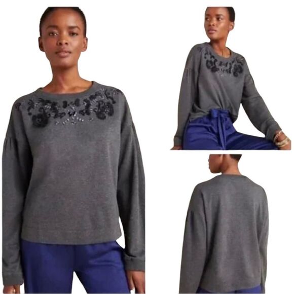 Maeve by Anthropologie gray Tallie beaded embellished sweatshirt size xsmall - Picture 1 of 7